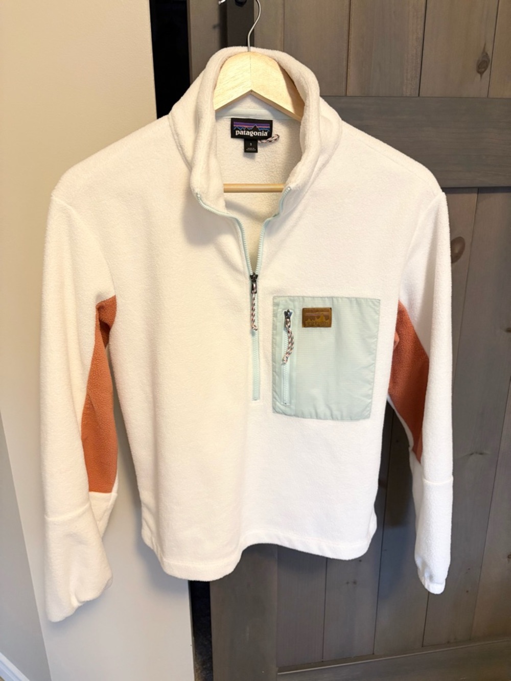 Patagonia White Quarter-Zip Fleece with Mint Pocket and Rust Panels